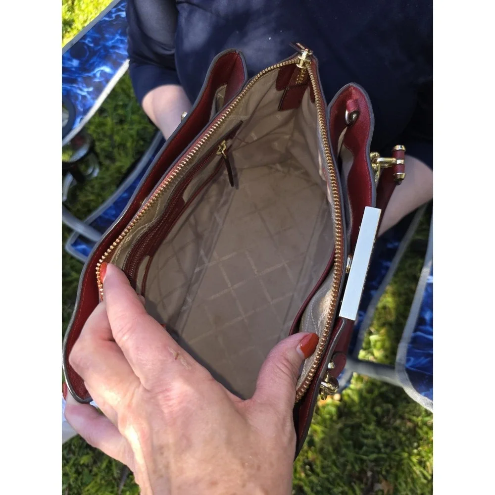 Michael Kors Saffiano Leather Satchel Burgundy Gold Hardware Triple Compartment